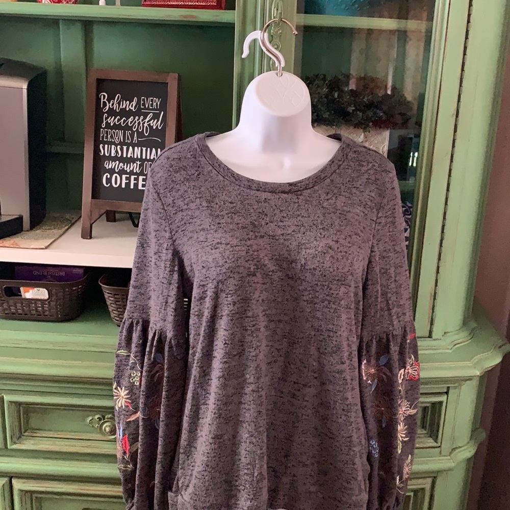 Gray Sweater Top, Embroidery Detail on Sleeves